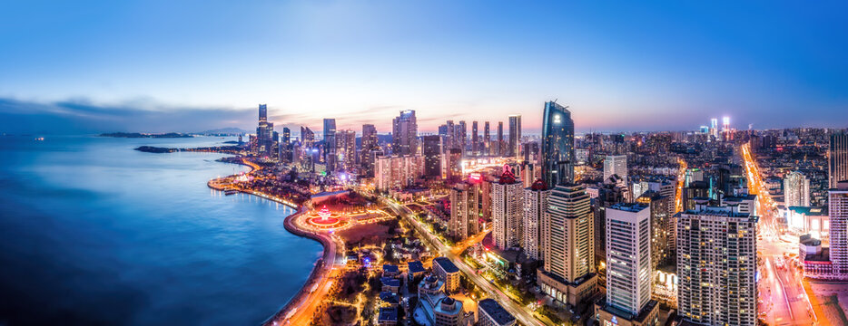 Aerial photography of Qingdao urban landscape at night