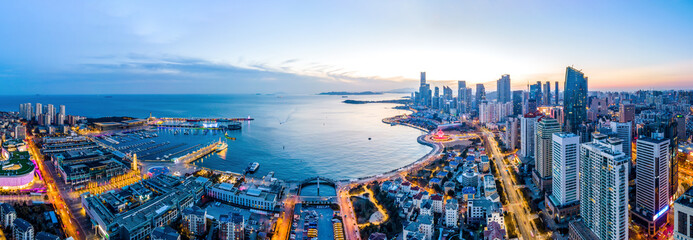 Fototapeta premium Aerial photography of Qingdao urban landscape at night