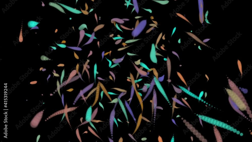 Poster abstract, chaotic movement of particles of different colors in space. motion and communication techn