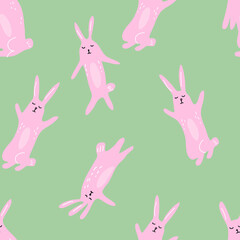 Cute pink rabbits, hares. Seamless pattern. Vector illustration.