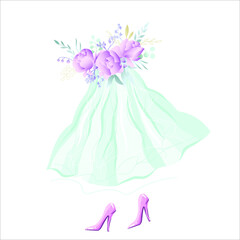 Delicate skirt with flowers, pink shoes. Vector illustration.