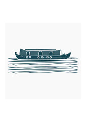 Editable Isolated Flat Monochrome Side View Typical Indian Kerala Houseboat Backwater on Wavy Lake Vector Illustration for Artwork Element of Transportation or Recreation of Hindustan Related Design