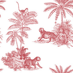 Toile tropical animals, palms tree, plant vintage graphic seamless pattern. Monkey, leopard, tiger botanical jungle.