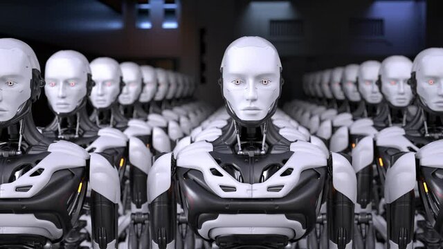 Army of robot workers standing in a row. 3D animation