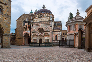 Basilica of Santa Maria Maggiore in Citta Alta, Bergamo, Italy. Square in Old town or Citta Alta with Duomo in Bergamo