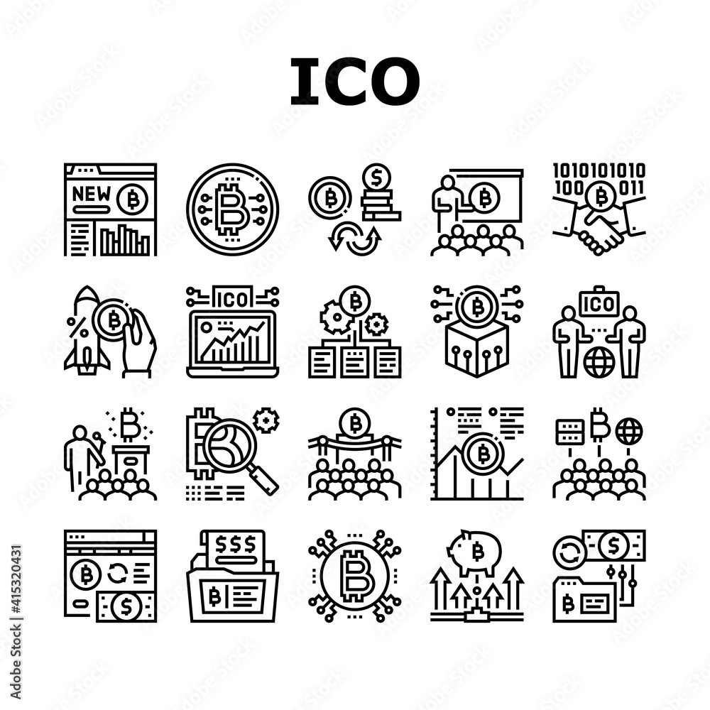 Poster ico initial coin offer collection icons set vector. ico platform and successful start, presentation 