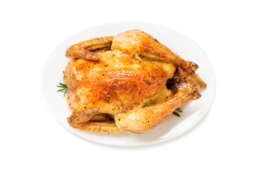 Whole roasted chicken isolated on white background