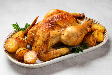 Whole roasted chicken with baked potatoes.