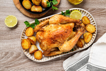 Whole roasted chicken with baked potatoes.