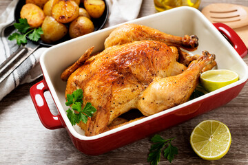 Whole roasted chicken with baked potatoes.