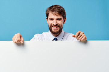 bearded man white mockup Poster Copy Space cropped view blue background