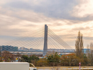 The newly built Ciurel Bridge at sunset, in Bucharest Romania. Steel wires bridge structure.