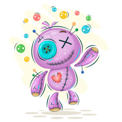 Colorful illustration of a cheerful voodoo doll. Positive and unique design. Use the product for printing on clothing, accessories, party decorations, labels and stickers, kids room decoration, invita