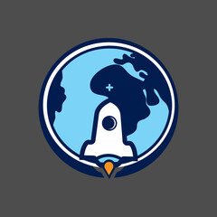blue globe rocket launch icon vector logo desin illustrattions