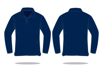 Blank Navy Blue Long Sleeve Polo Shirt Template on White Background. Front and Back Views, Vector File.