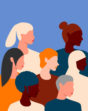 Womens faces of different ethnic groups and cultures. International womens day. 8th march. Womens friendship, solidarity, sisterhood. Women empowerment movement. Eps 10