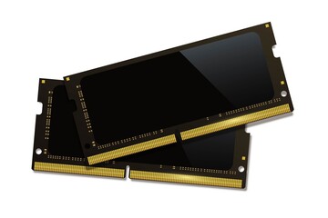 Ram memory chips. Computer memory part vector illustration. PC black electronic flash card with information on white background. Internal hardware technology with data storage