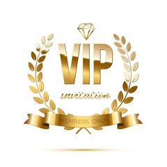 Golden vip invitation to event with laurel and ribbon. Gold shining elements and text on white background. Elite member celebrity club card template vector illustration or banner