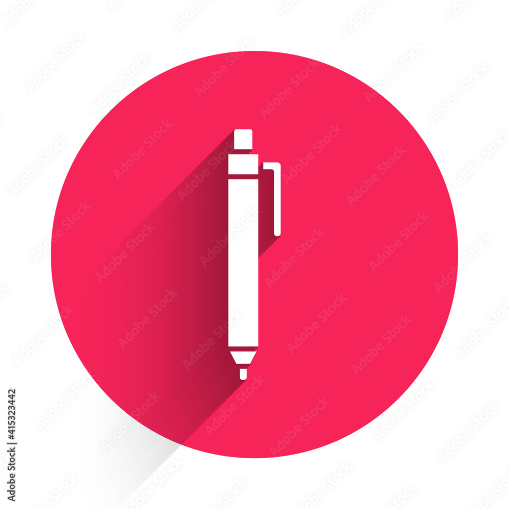 Poster white pen icon isolated with long shadow. red circle button. vector.