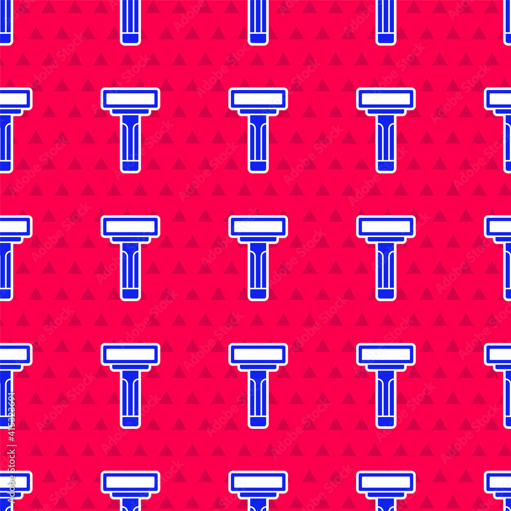 Poster blue shaving razor icon isolated seamless pattern on red background. vector.