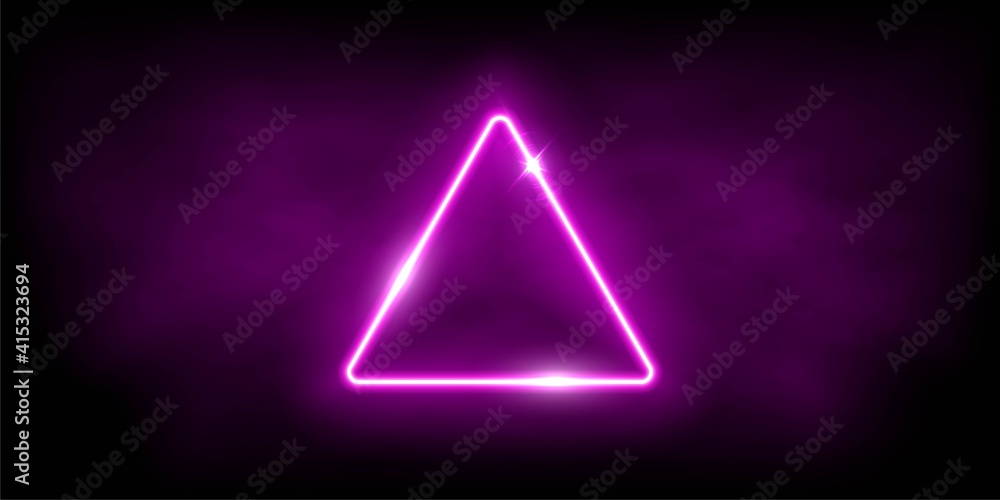 Poster glowing neon pink triangle with sparkles in fog abstract background. electric light frame. geometric
