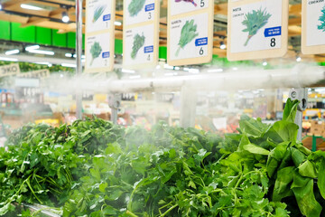 Kitchen herbs in supermarket baskets with steam irrigation system to keep vegetables fresh.