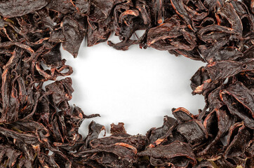 Natural treats for pets. Dried beef heart with the blank white area.