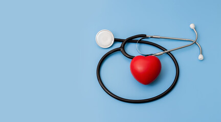 Stethoscope and red hearts on a blue background Health care concept.