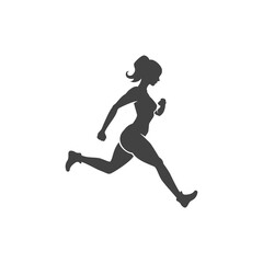 Fototapeta na wymiar Sports woman engaged in jogging fitness vector logo. Female slender black silhouette runs sports marathon.