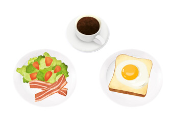 Breakfast illustration of coffee, bread and salad (white background, vector, cut out)