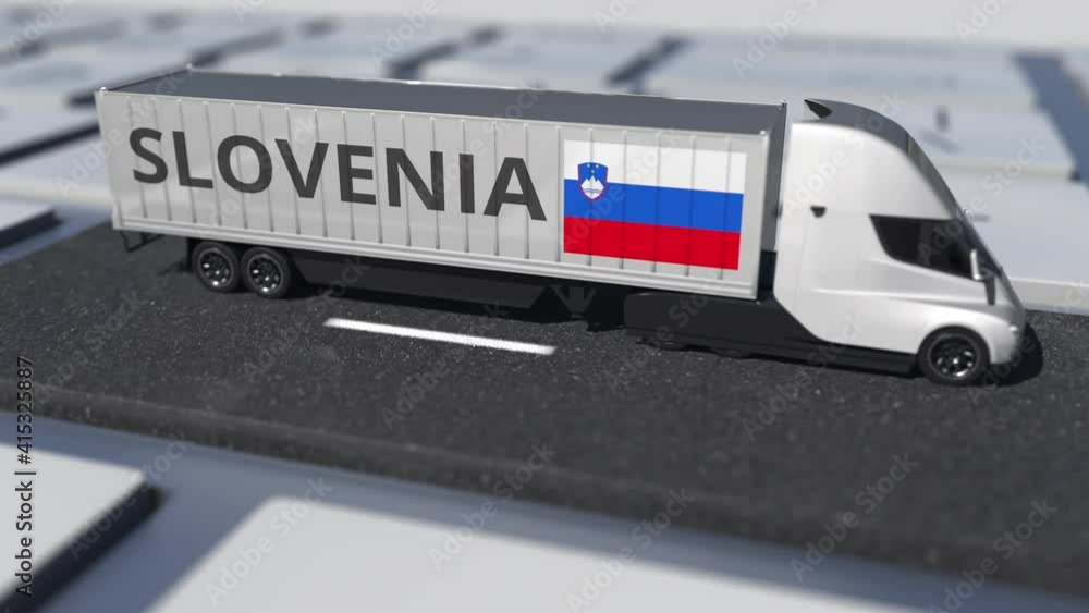 Poster flag of slovenia on moving truck and computer keyboard. international shipping related looping 3d an