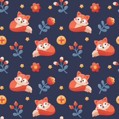 Seamless cute vector animal and floral patern with foxes, flowers, plants, berries