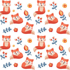 Seamless cute vector animal and floral patern with foxes, flowers, plants, berries