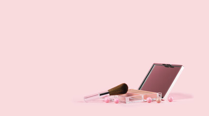 Tender candy pink color monochrome feminine makeup tools and accessories. Blush powder with brush and blusher pearls. Birthday beauty cosmetics blogger advert background concept. Copy space © taniasv