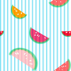Seamless texture. Blue stripe with pieces of red, pink and yellow watermelon. Drawing for fabric, on paper, on wallpaper, bed linen and clothing.Background of postcards and banners. Food and drinks.
