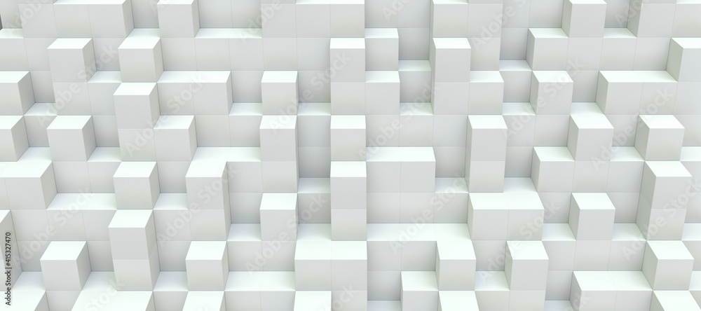 Poster horizontal composition of white cubes of different sizes as background and texture..