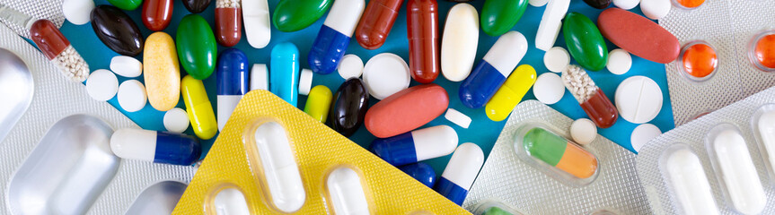 Various medicinal pills and capsules for health, dietary supplements and vitamins for heart health...