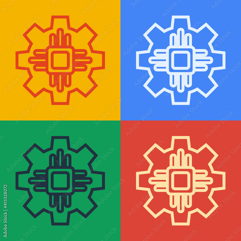 Poster pop art line processor icon isolated on color background. cpu, central processing unit, microchip, m
