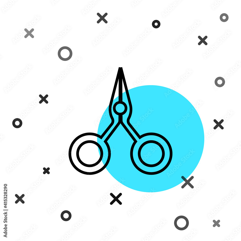 Poster black line scissors icon isolated on white background. cutting tool sign. random dynamic shapes. vec