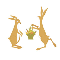 Vector scene with cute bunnies, the guy gives the girl a basket of fruits and vegetables. The life of fairy bunnies. Hare isolated on a white background.