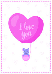 Cute vector cards with animals and hearts in honor of Valentine's Day. I love you. Celebration. For printing postcards, flyers, notebooks, paper
