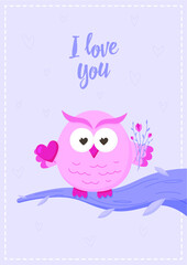 Cute vector cards with animals and hearts in honor of Valentine's Day. I love you. Celebration. For printing postcards, flyers, notebooks, paper