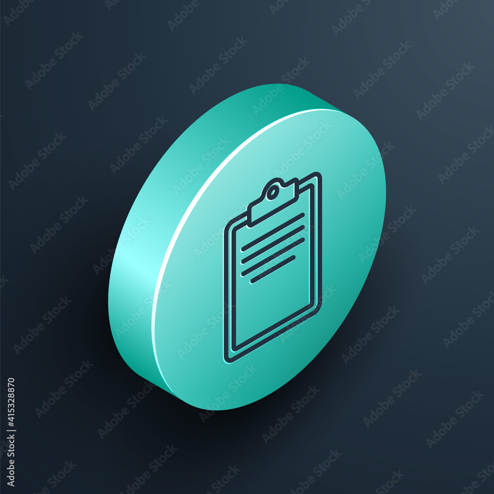 Poster isometric line clipboard with checklist icon isolated on black background. control list symbol. surv