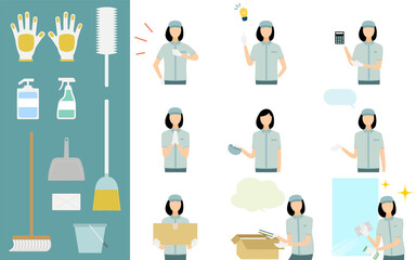 清掃スタッフと掃除グッズのイラストセット、上半身