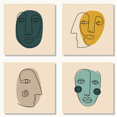 Set of hand drawn abstract faces in line art style, seamless pattern background, modern minimalism art, aesthetic contour