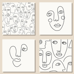 Set of hand drawn abstract faces in line art style, seamless pattern background, modern minimalism art, aesthetic contour
