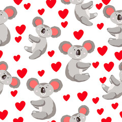 Fototapeta premium Seamless pattern with cute koala baby and hearts on white background. Funny australian animals. Card, postcards for kids. Flat vector illustration for fabric, textile, wallpaper, poster, paper.