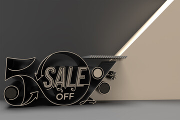 3D Render Abstract 50% Sale OFF Discount Banner 3D Illustration Design.