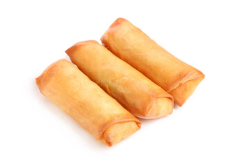 Tasty fried spring rolls on white background