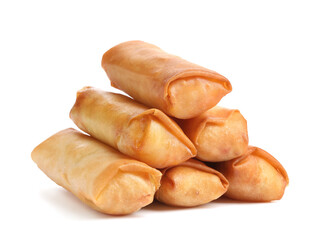 Tasty fried spring rolls on white background